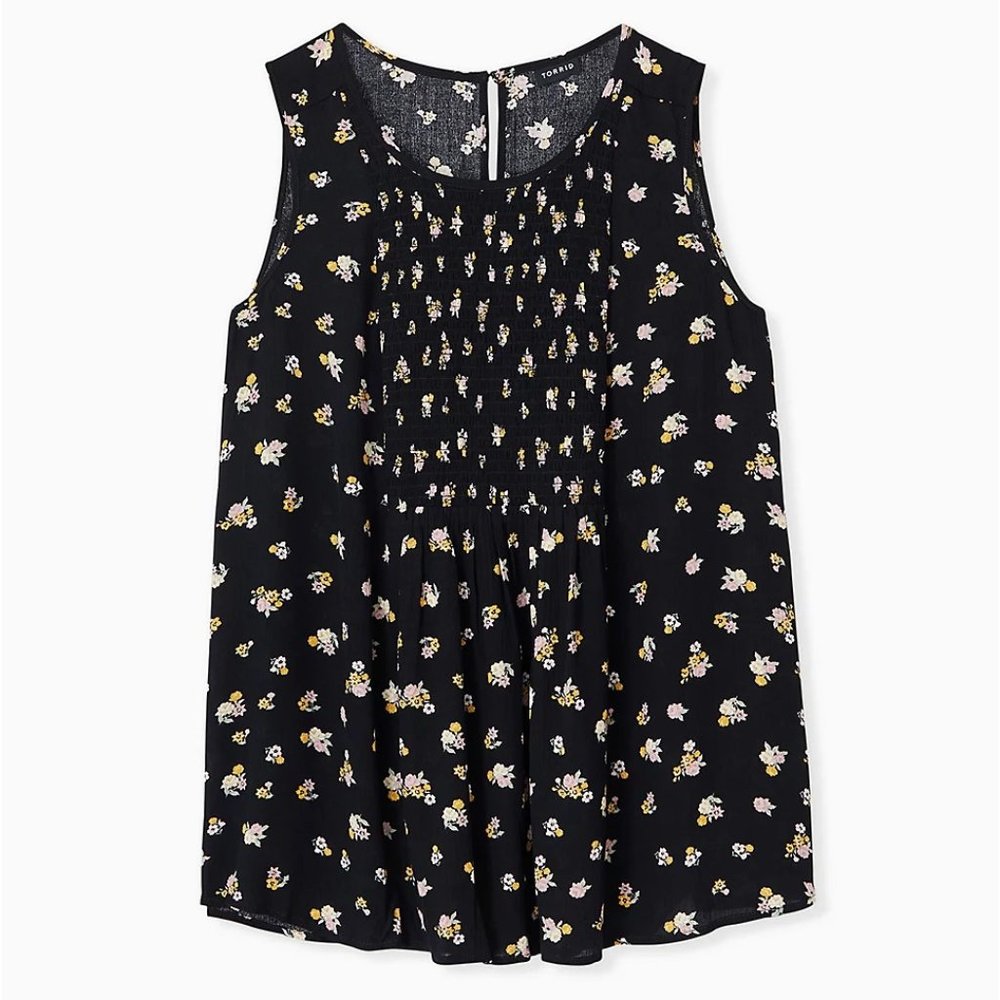 Torrid Size 1X 14-16 Black Ditsy Floral Crinkled Gauze Smocked Tank